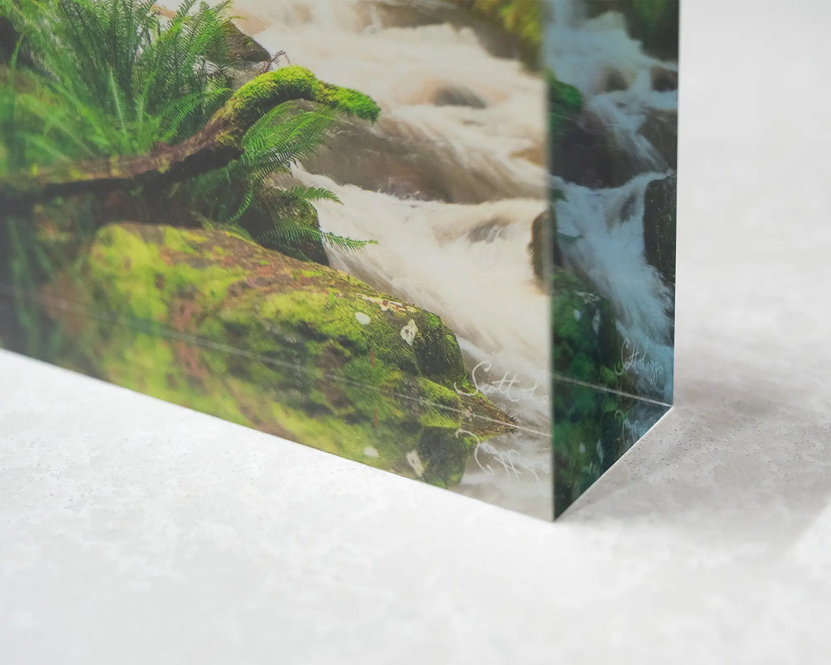 Forest Veil. Acrylic block Hopetoun Falls Victoria, corner close-up details.