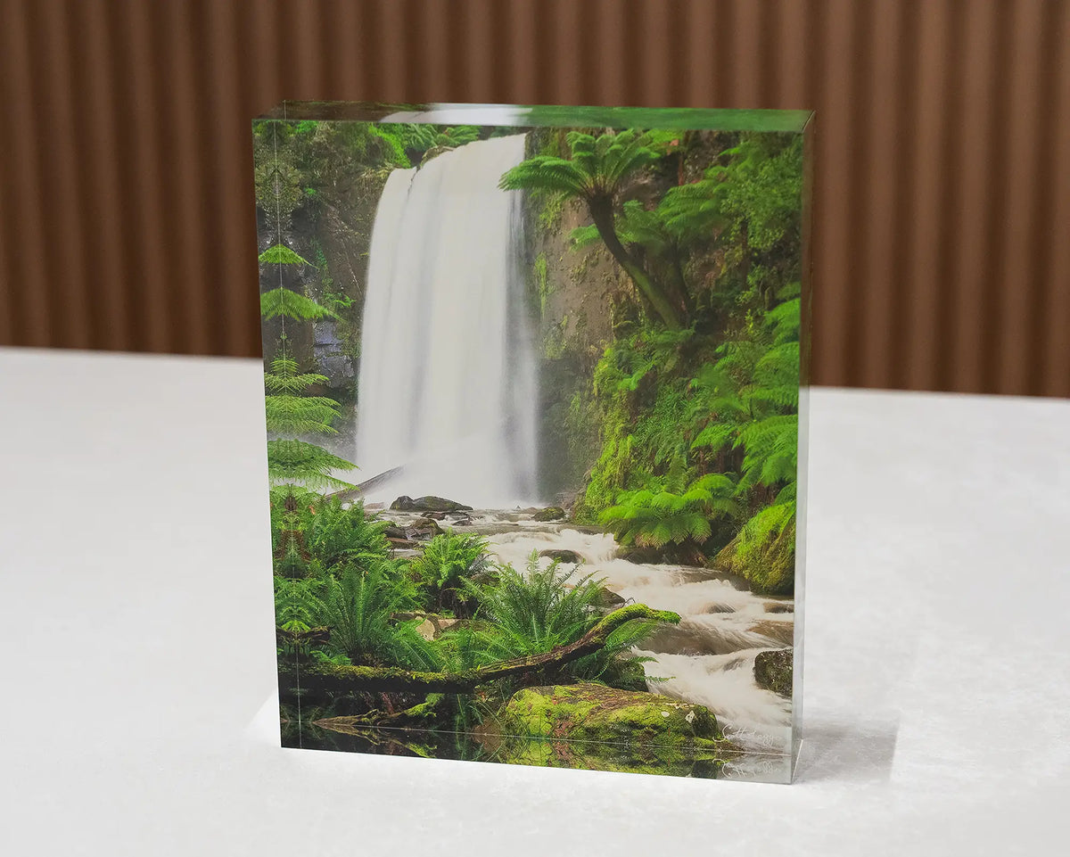 Forest Veil. Acrylic block Hopetoun Falls Victoria, on desk.