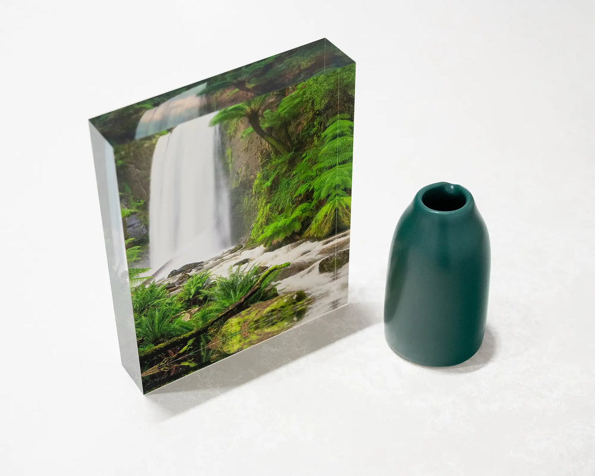 Forest Veil. Acrylic block Hopetoun Falls Victoria, styled with a small vase.