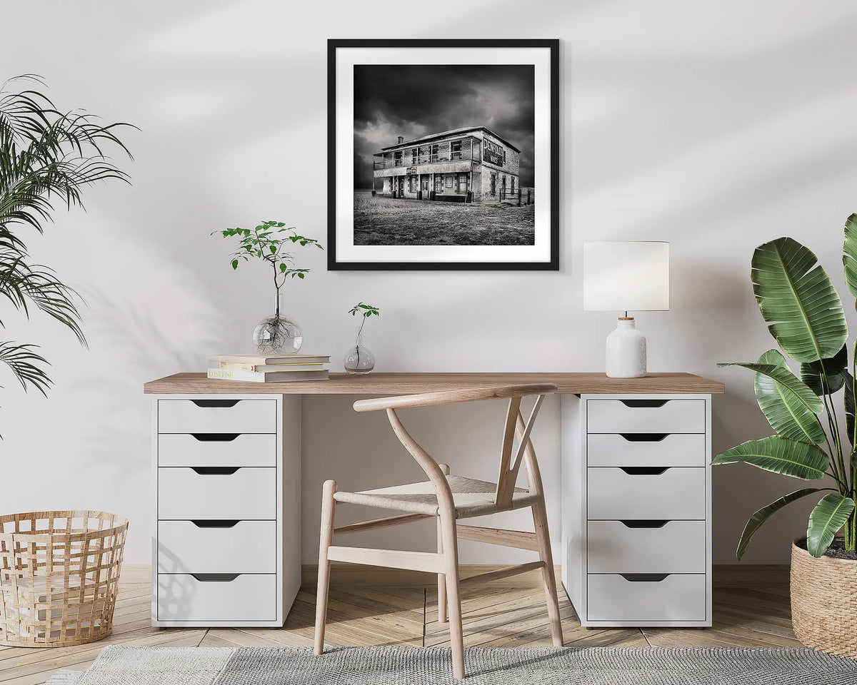 Forgotten Pub. Yatina Hotel, photographic wall art print with a black frame, hung in a home office. 