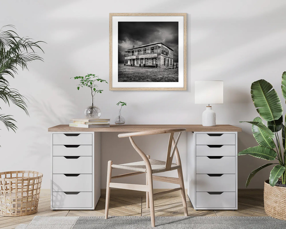 Forgotten Pub. Yatina Hotel, photographic wall art print with a Tassie Oak frame, hung in a home office. 