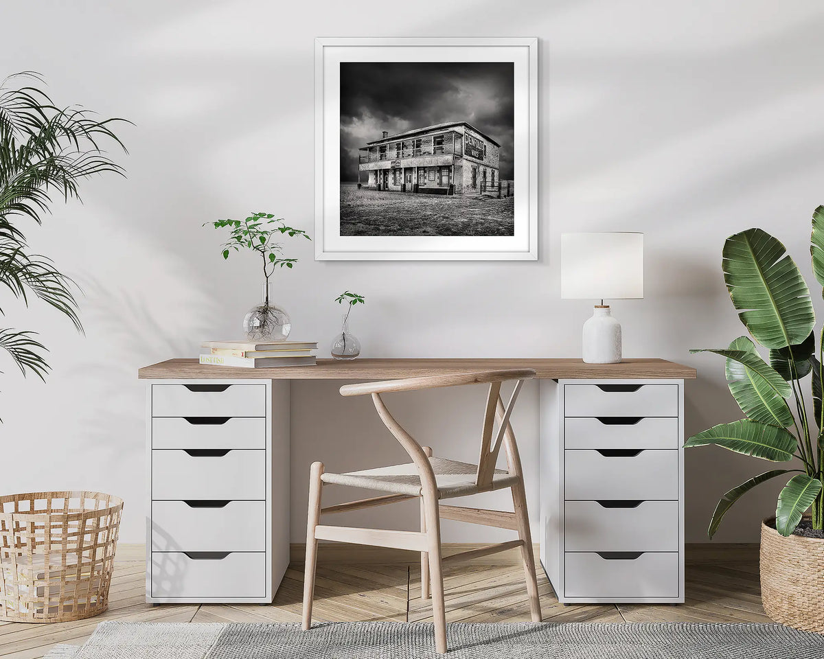 Forgotten Pub. Yatina Hotel, photographic wall art print with a white frame, hung in a home office. 
