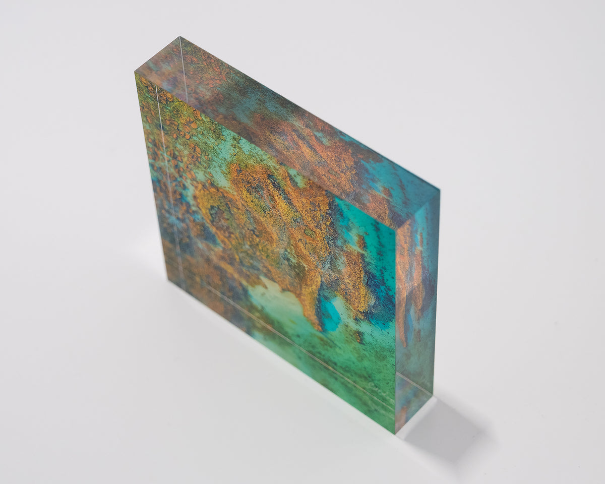 Fragment. Acrylic block aerial artwork James Price Point, The Kimberley, top view details.