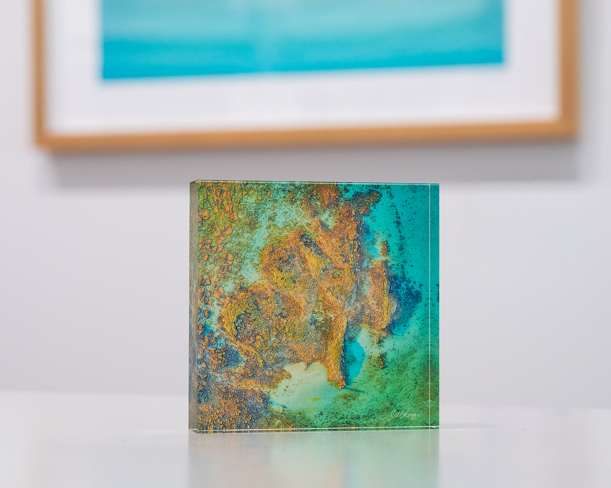 Fragment. Acrylic block aerial artwork James Price Point, The Kimberley, with large coastal artwork in background.