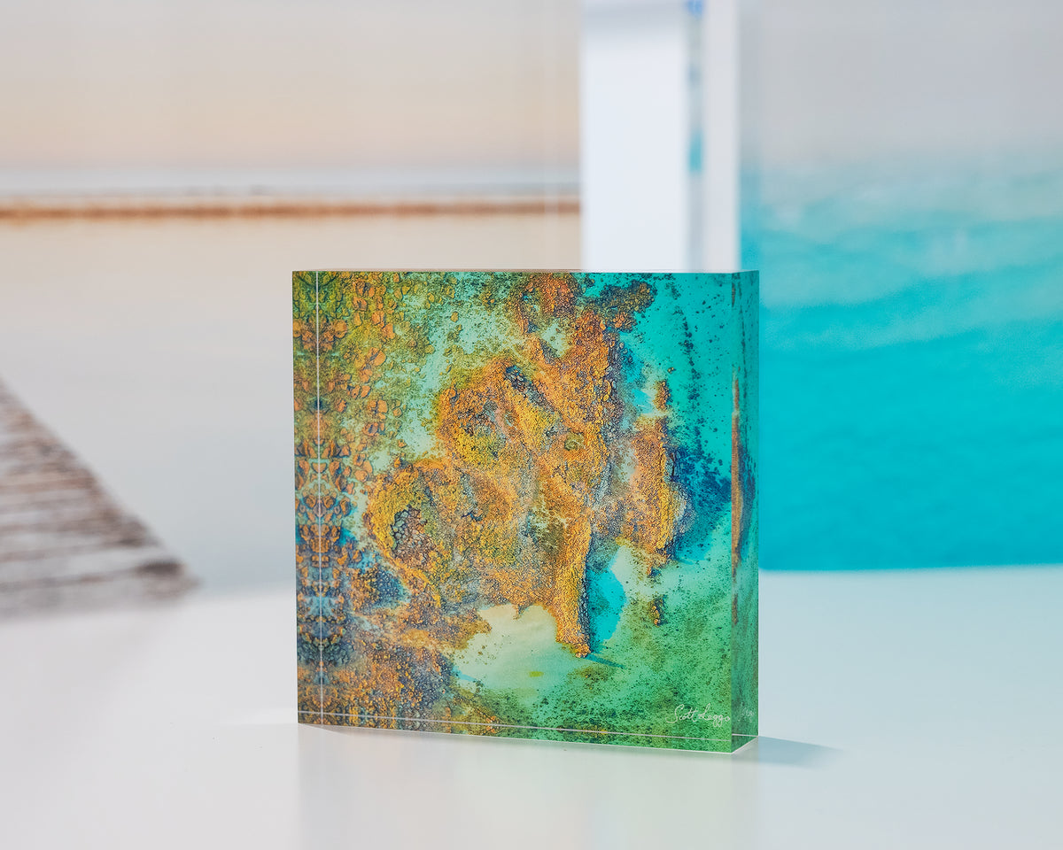 Fragment. Aerial artwork James Price Point, The Kimberley, on display with more coastal acrylic blocks.