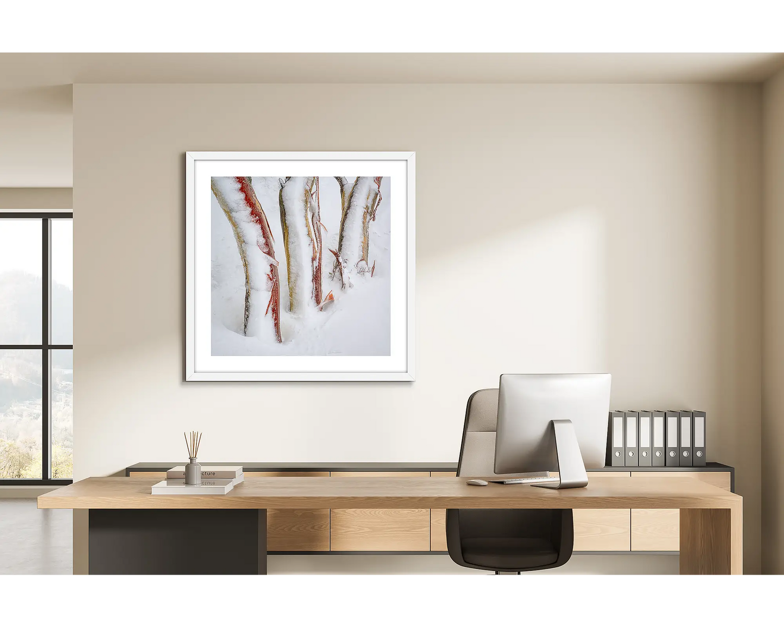 Frosting. Three snow trunks covered in snow and ice.