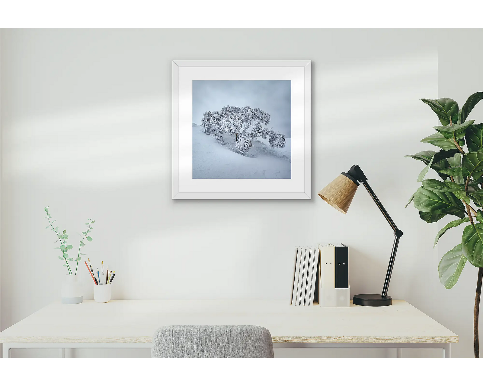 Framed photograph of a snow gum laden with ice and snow on Mount Hotham. 