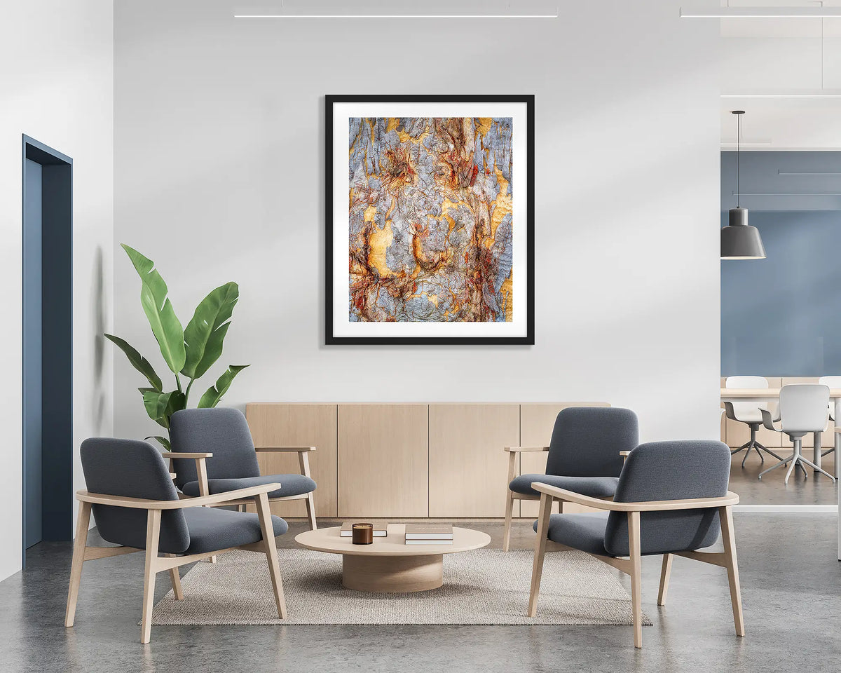 Funny Faces. Abstract wall art print of gum tree bark on Mount Ainslie, Canberra, with a black frame hung in a reception area. 