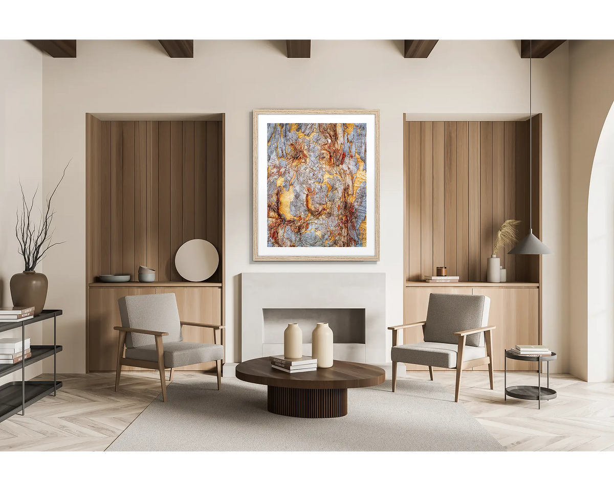 Funny Faces. Abstract wall art print of gum tree bark on Mount Ainslie, Canberra, with a timber frame hung in a lounge room. 