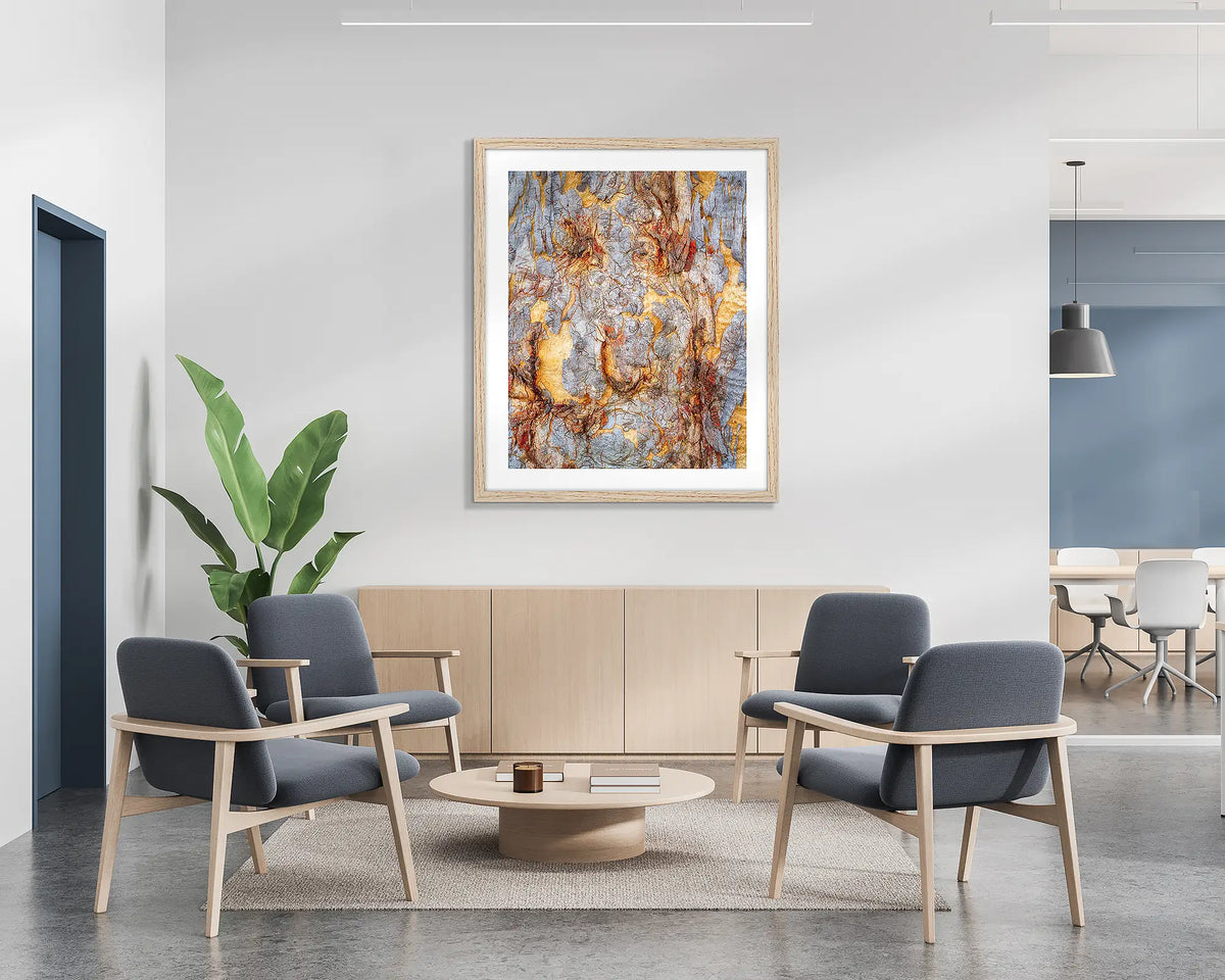 Funny Faces. Abstract wall art print of gum tree bark on Mount Ainslie, Canberra, with a timber frame hung in a reception area. 