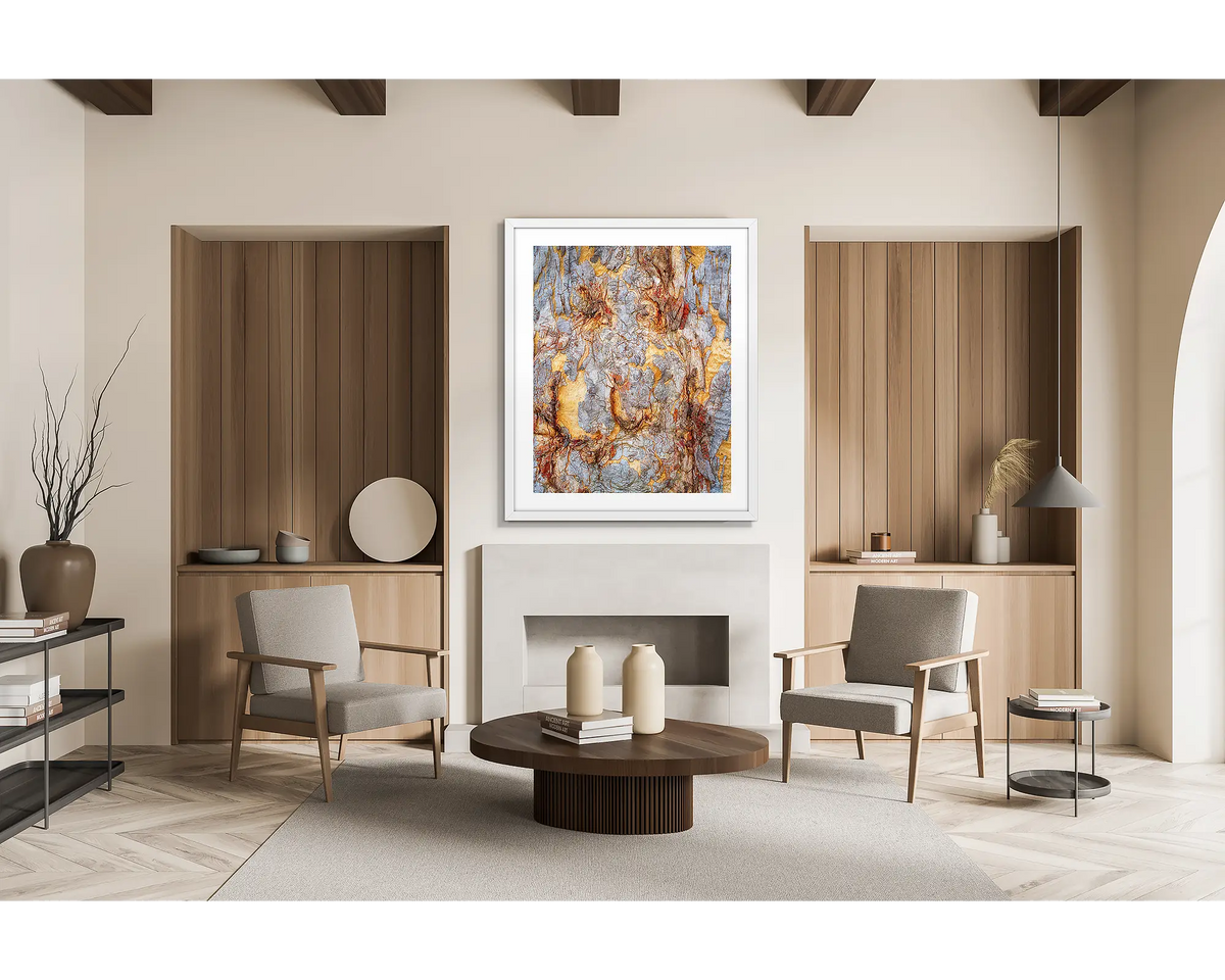 Funny Faces. Abstract wall art print of gum tree bark on Mount Ainslie, Canberra, with a white frame hung in a lounge room. 