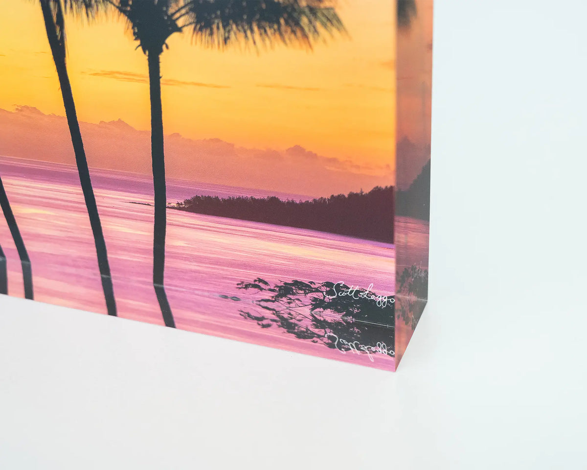 Getaway.Acrylic block of palm trees at sunset, Hamilton Island Queensland, close-up corner details.
