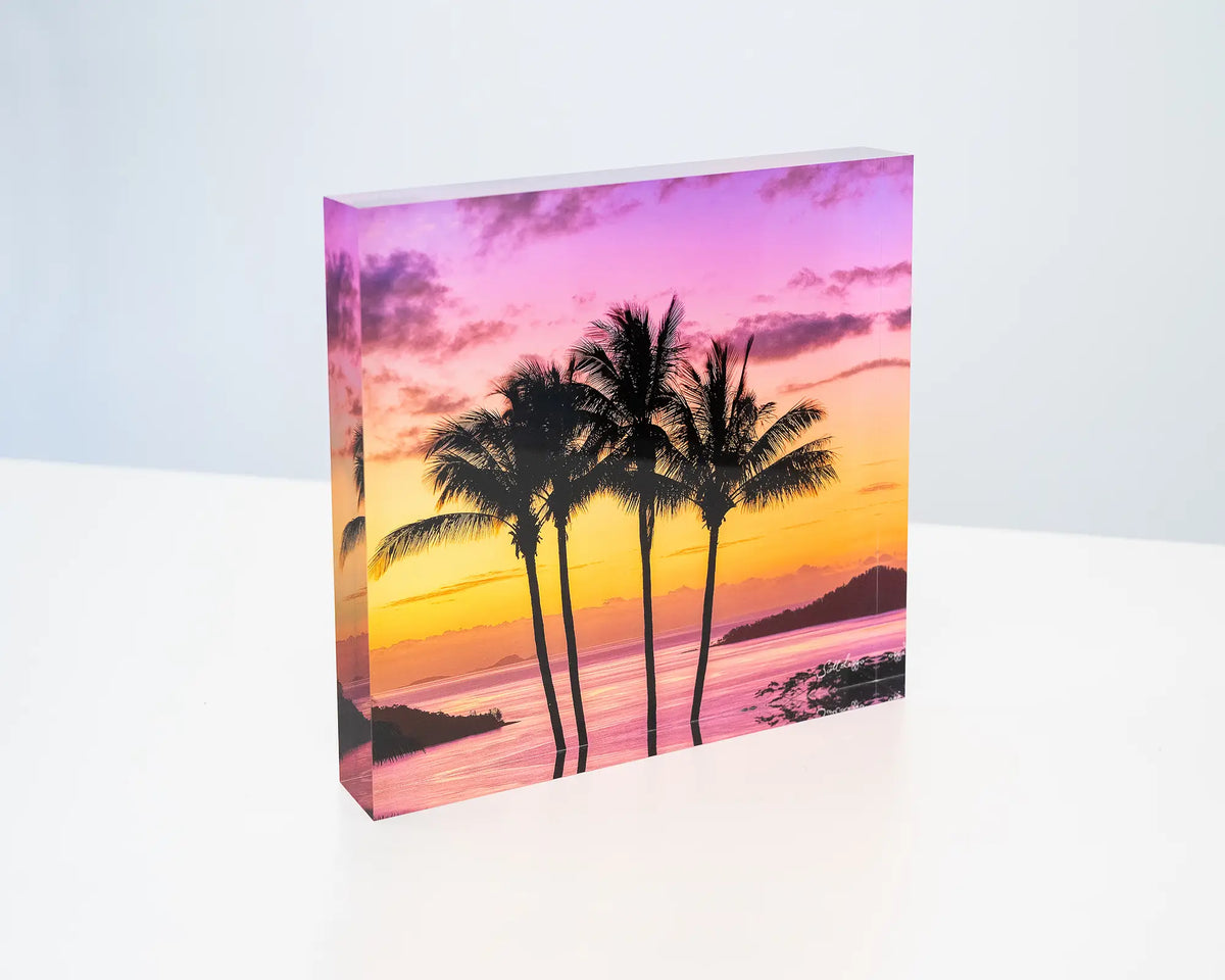 Getaway. Acrylic block of palm trees at sunset, Hamilton Island Queensland, sitting on a desk.