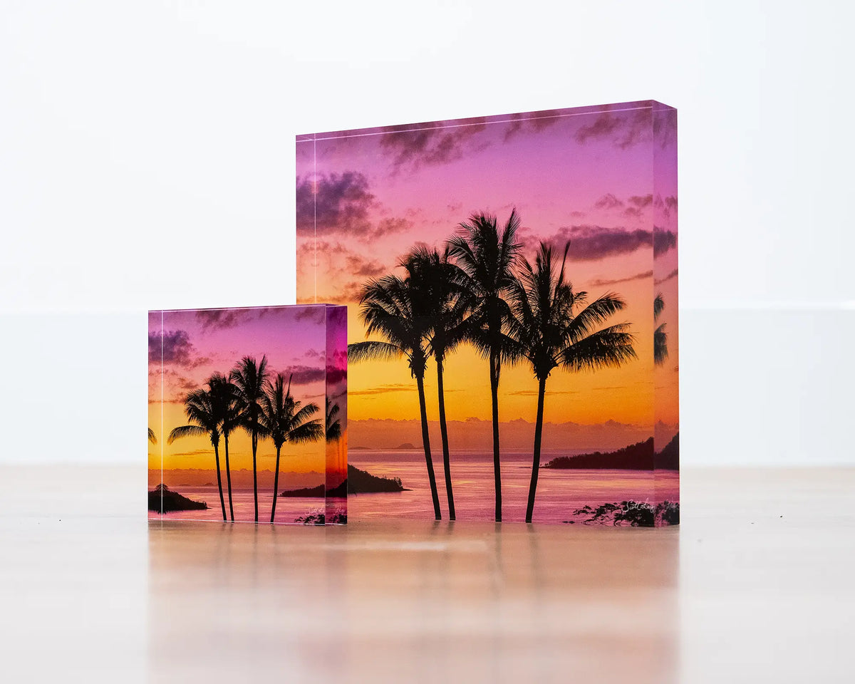 Getaway. Palm trees at sunset Hamilton Island, Queensland, 10cm and 19cm acrylic blocks displayed together.