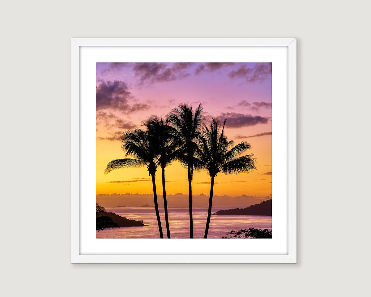 Framed coastal artwork of palm trees against a colorful sunset sky at Hamilton Island. 