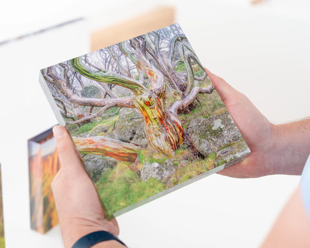 19cm x 19cm Gnarled acrylic block being held in hands. 