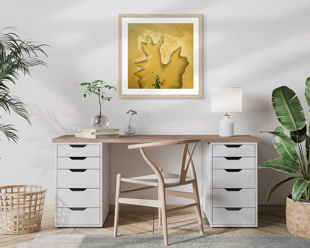 Golden Derby. Aerial, abstract photographic wall art print with a Tassie Oak frame, hung in a home office. 