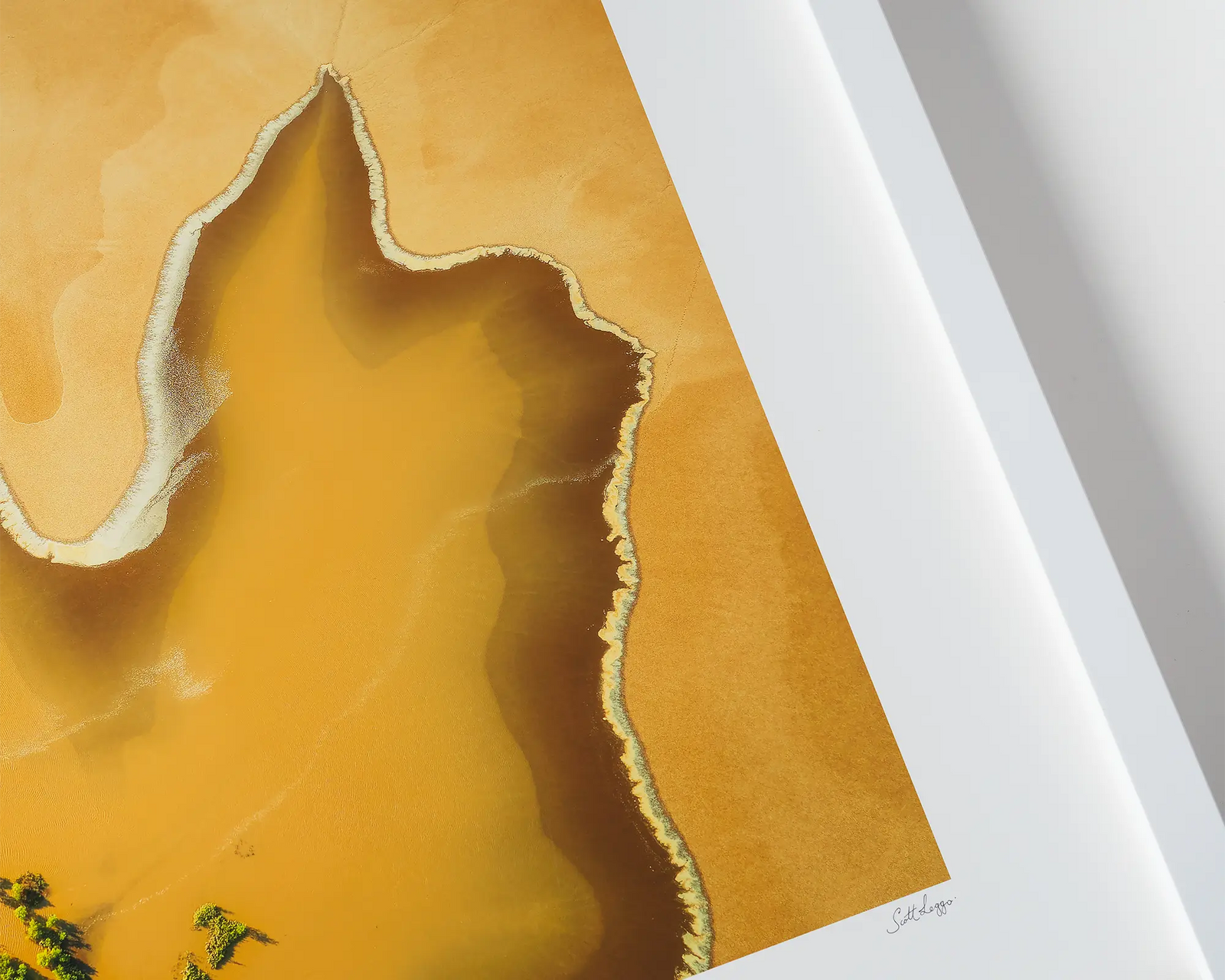 Framed wall art of mangrove trees and patterns created by tidal flats in golden sand at Derby. 