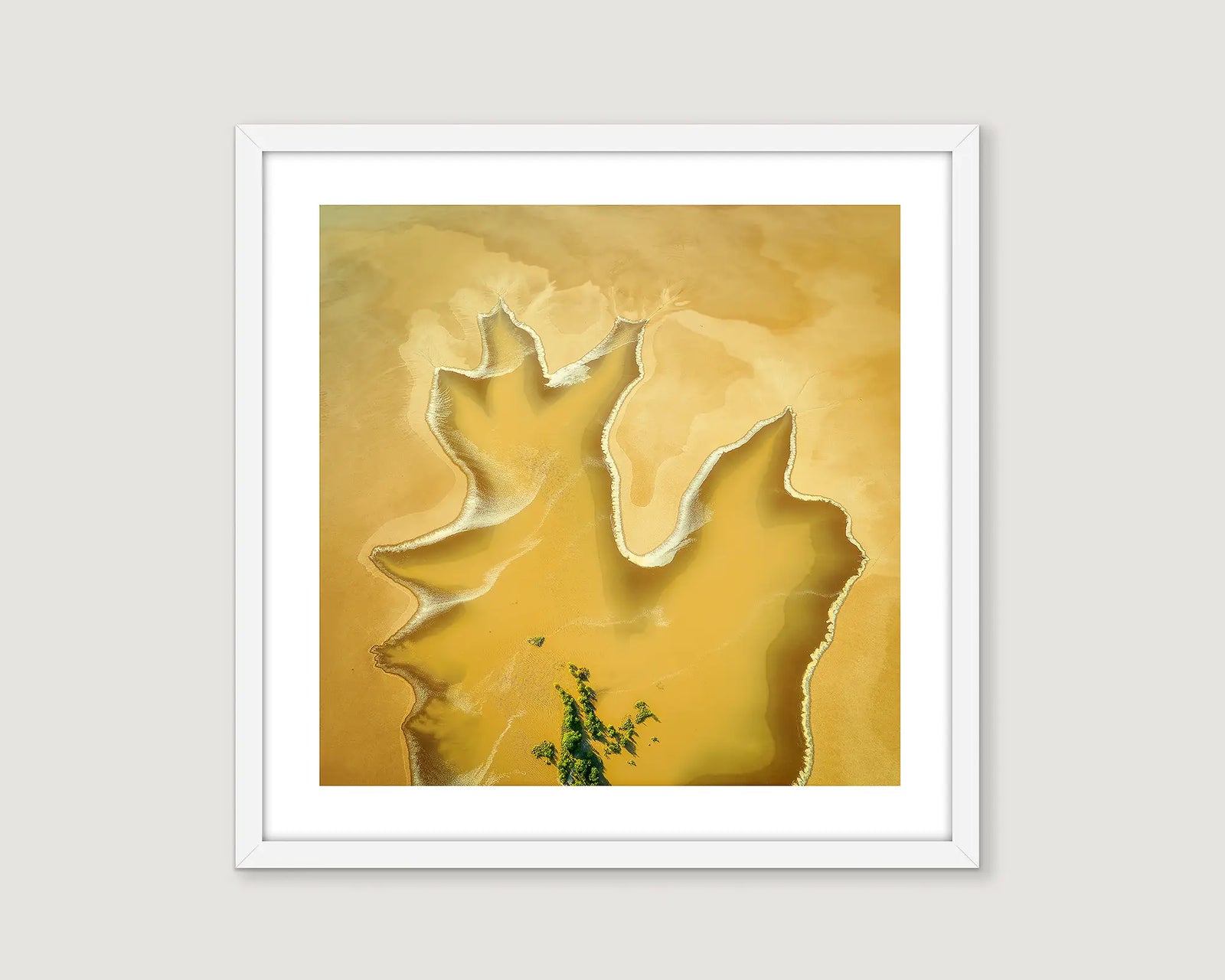 Framed wall art of mangrove trees and patterns created by tidal flats in golden sand at Derby. 