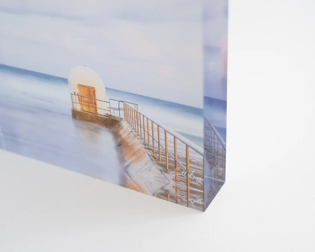 Golden Door. Acrylic block of dusk at Merewether Baths Newcastle, corner close-up details.