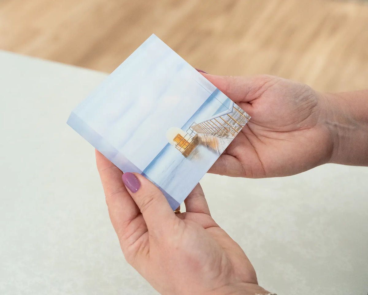 Golden Door. Acrylic block of dusk at Merewether Baths Newcastle, held in hands.