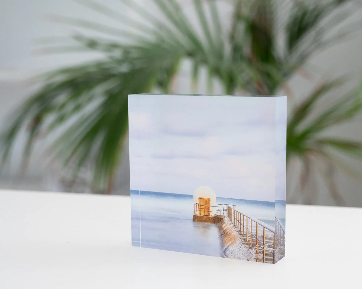 Golden Door. Acrylic block of dusk at Merewether Baths Newcastle, styled in a coastal home.