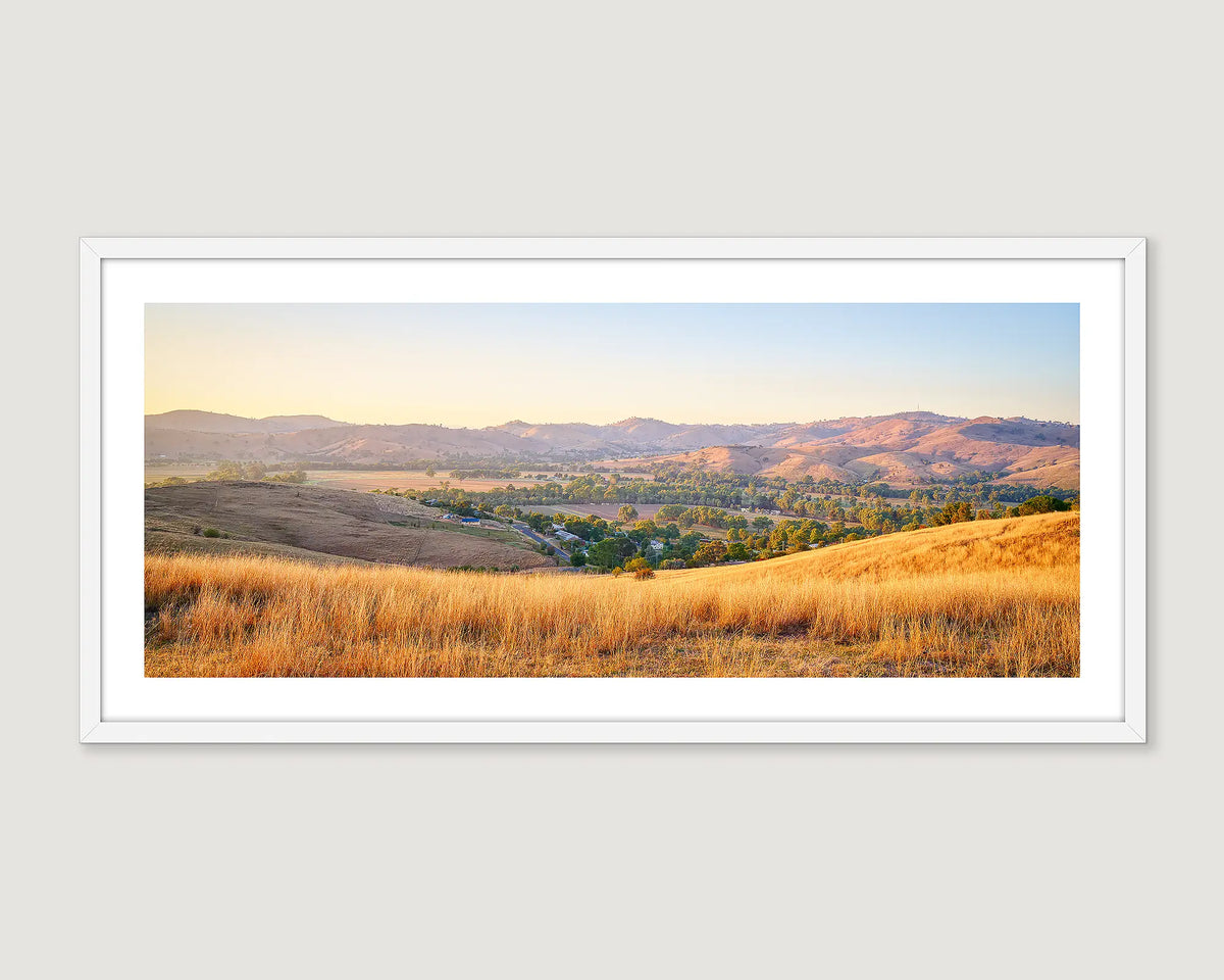 Framed photograph of hills and towards Gundagai and a blue sky.