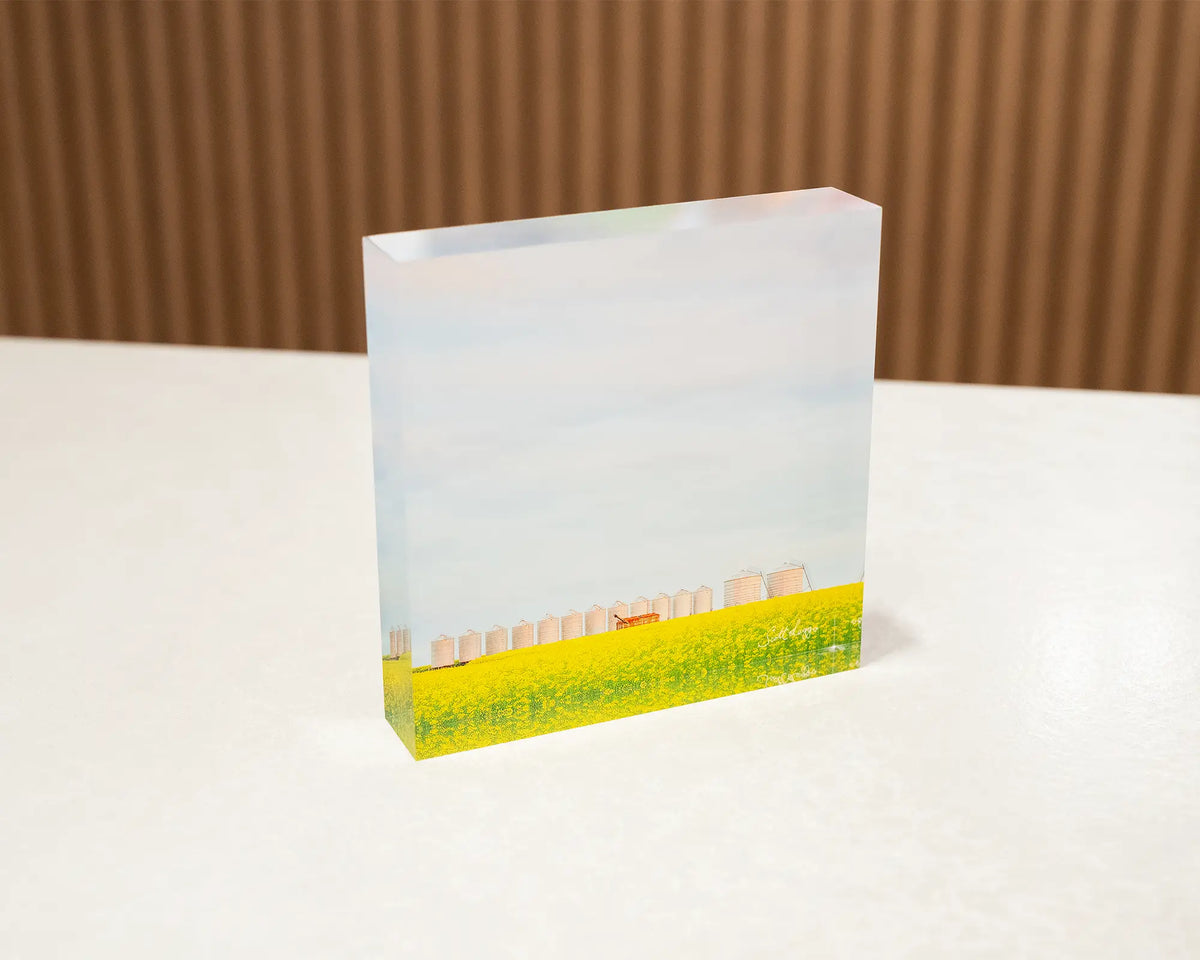 Golden Silos. Acrylic block of a canola field Junee Shire, sitting on a desk.