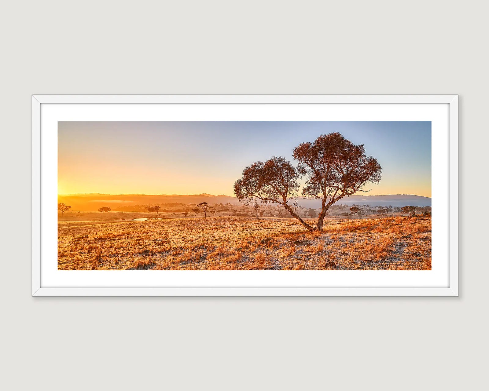 Framed photograph of the countryside with open land and mountains at sunrise.
