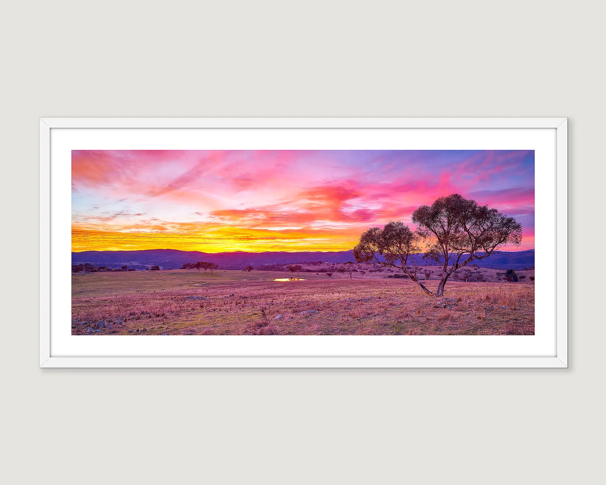 Framed wall art print of a sunset over grazing land at Googong. 