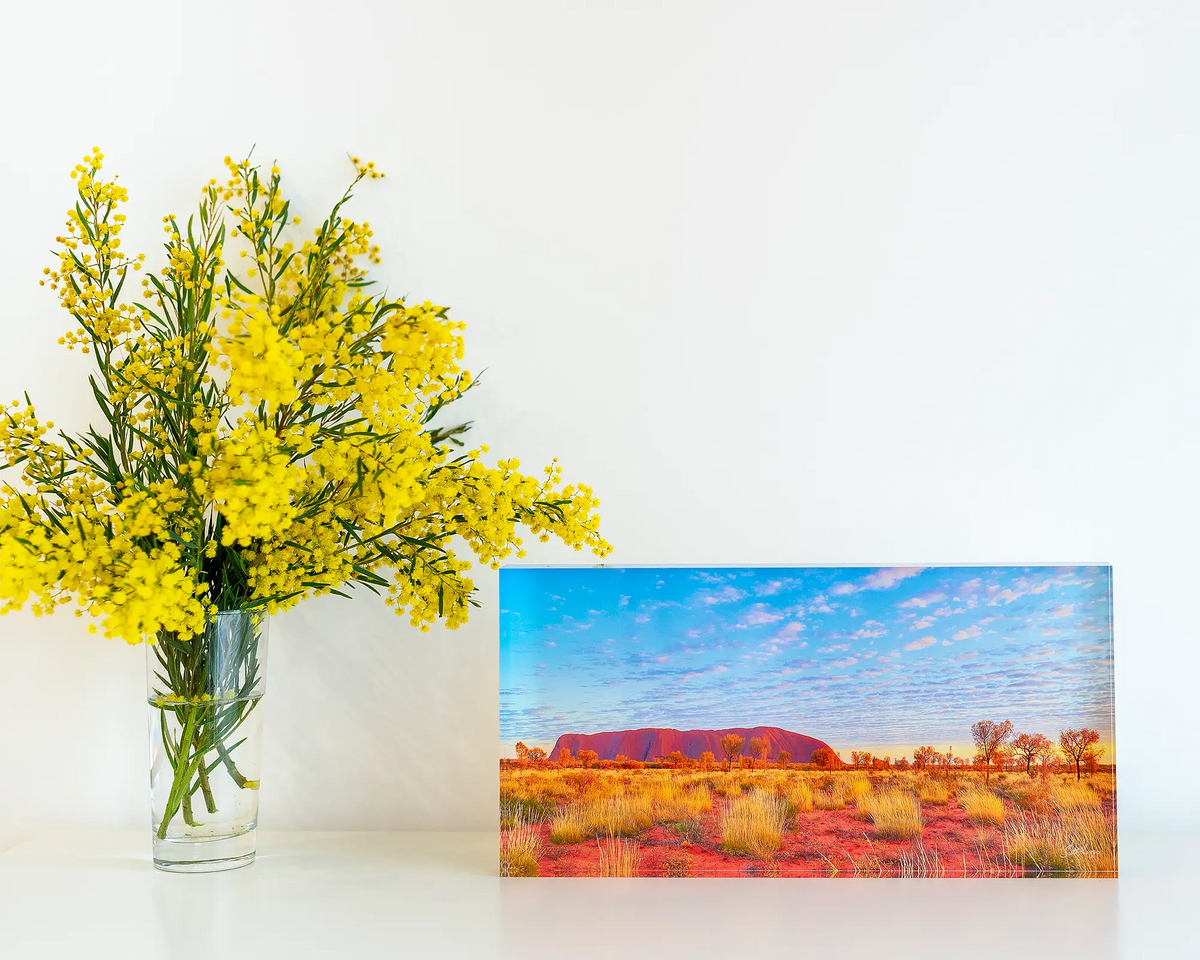 Great Southern Land acrylic block displayed next to a vase of flowers. 