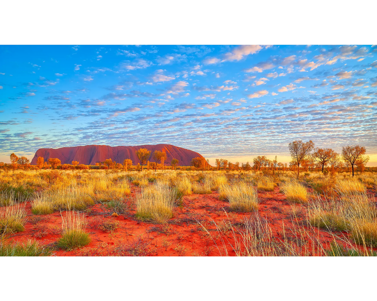 Framed photograph of Uluru with red desert sand, blue sky and scattered clouds.