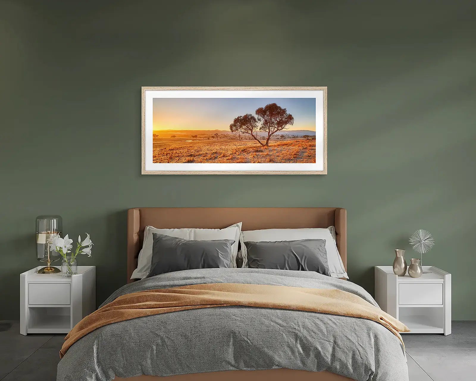 Gum tree wall art above bed.