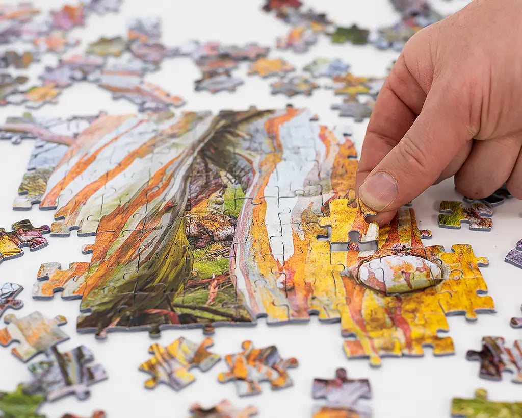 Hand placing jigsaw puzzle piece in Scott Leggo jigsaw puzzle
