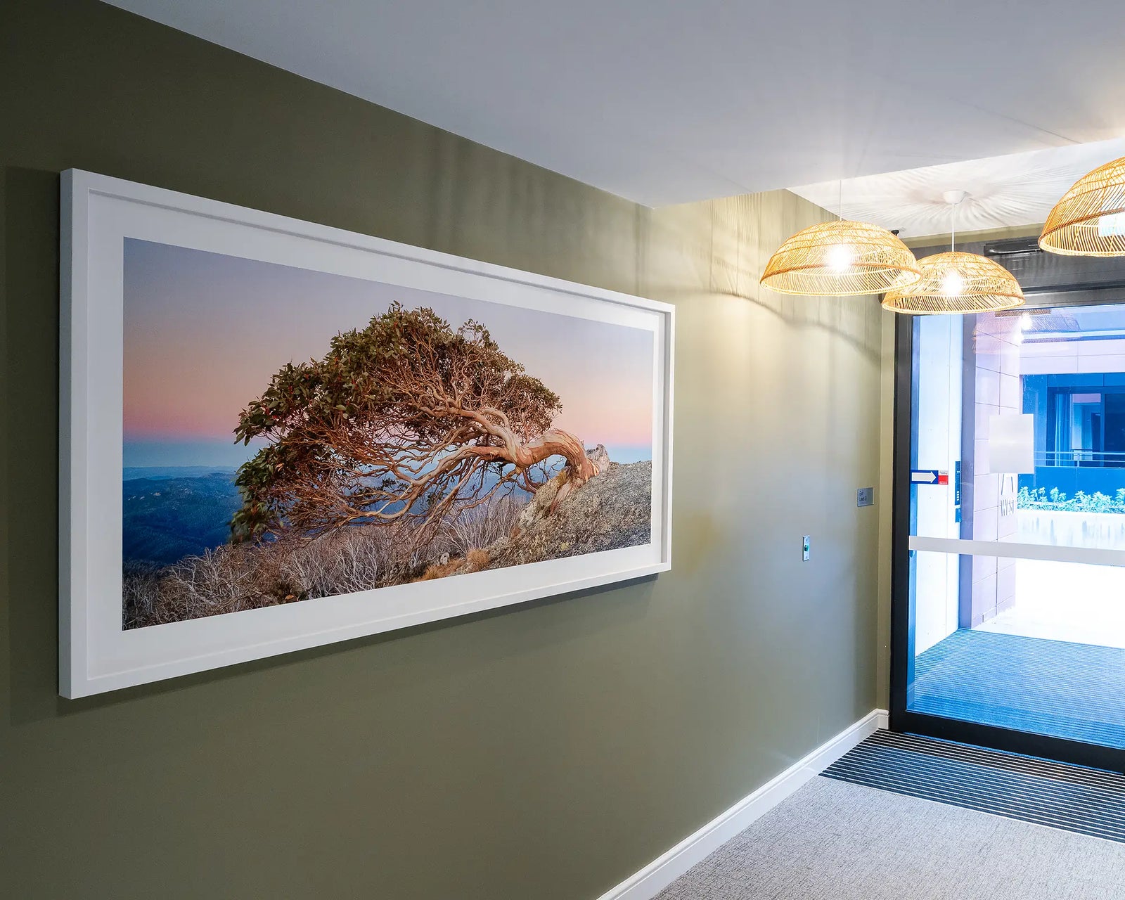 Framed wall art print of a snow gum leaning over a cliff edge at Namadgi National Park. 
