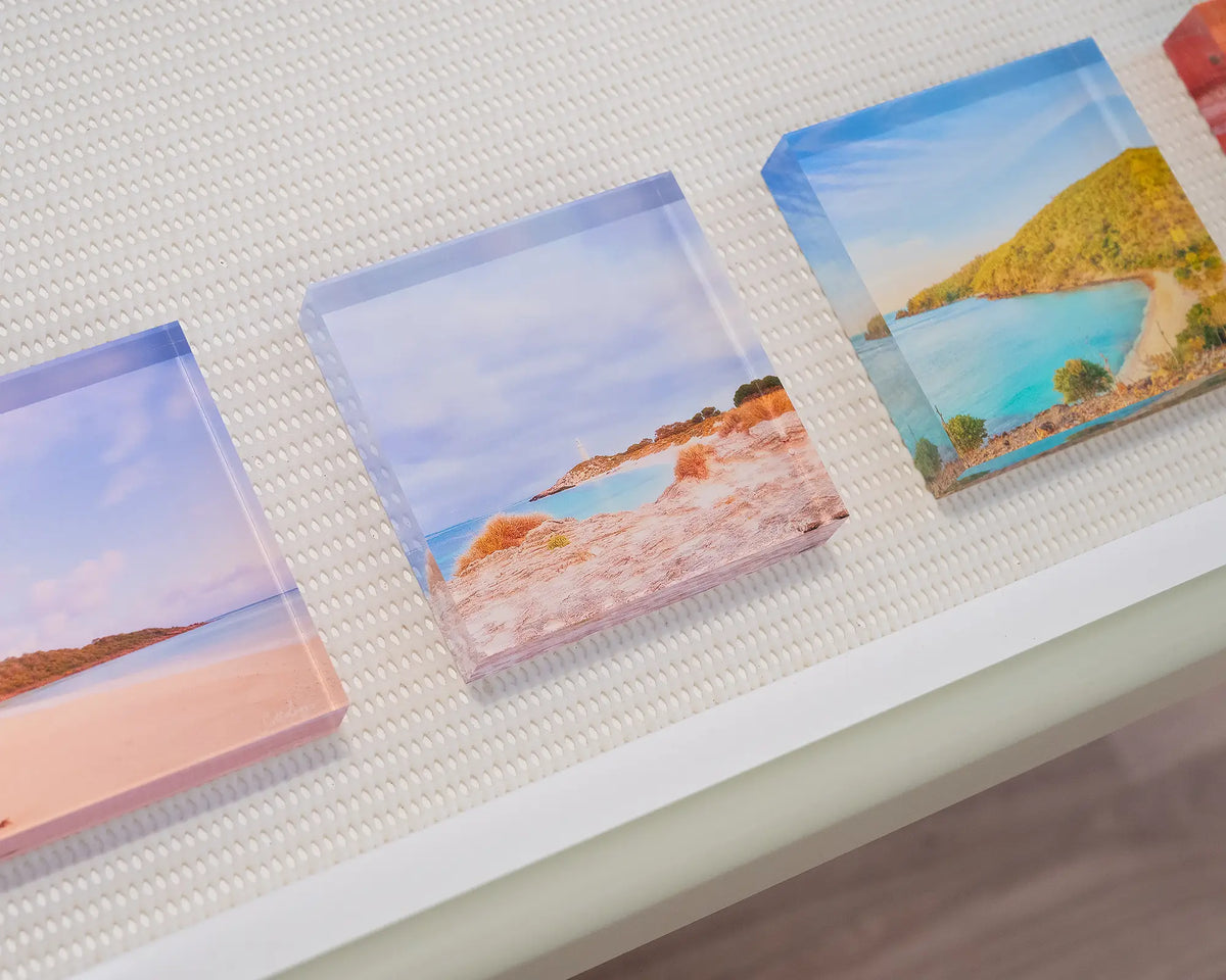 Haven. Acrylic block of Rottnest Island, Western Australia, in gallery drawer with. more coastal acrylic blocks.