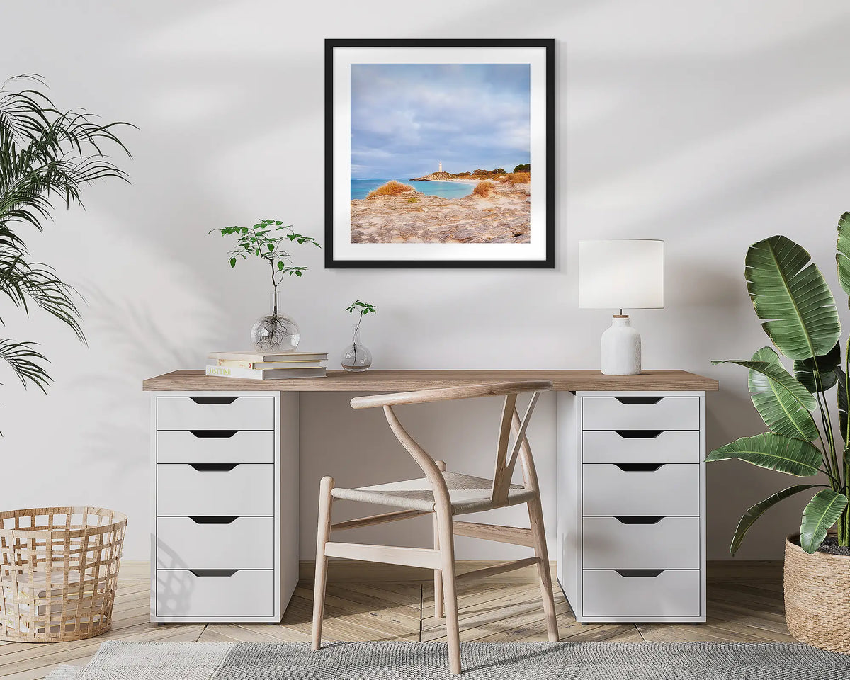 Haven. Lighthouse, Rottnest Island, photographic wall art print with a black frame, hung in a home office. 