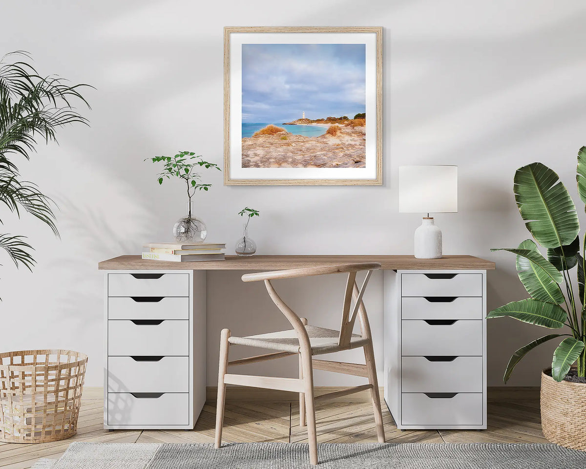 Haven. Lighthouse, Rottnest Island, photographic wall art print with a Tassie Oak frame, hung in a home office. 