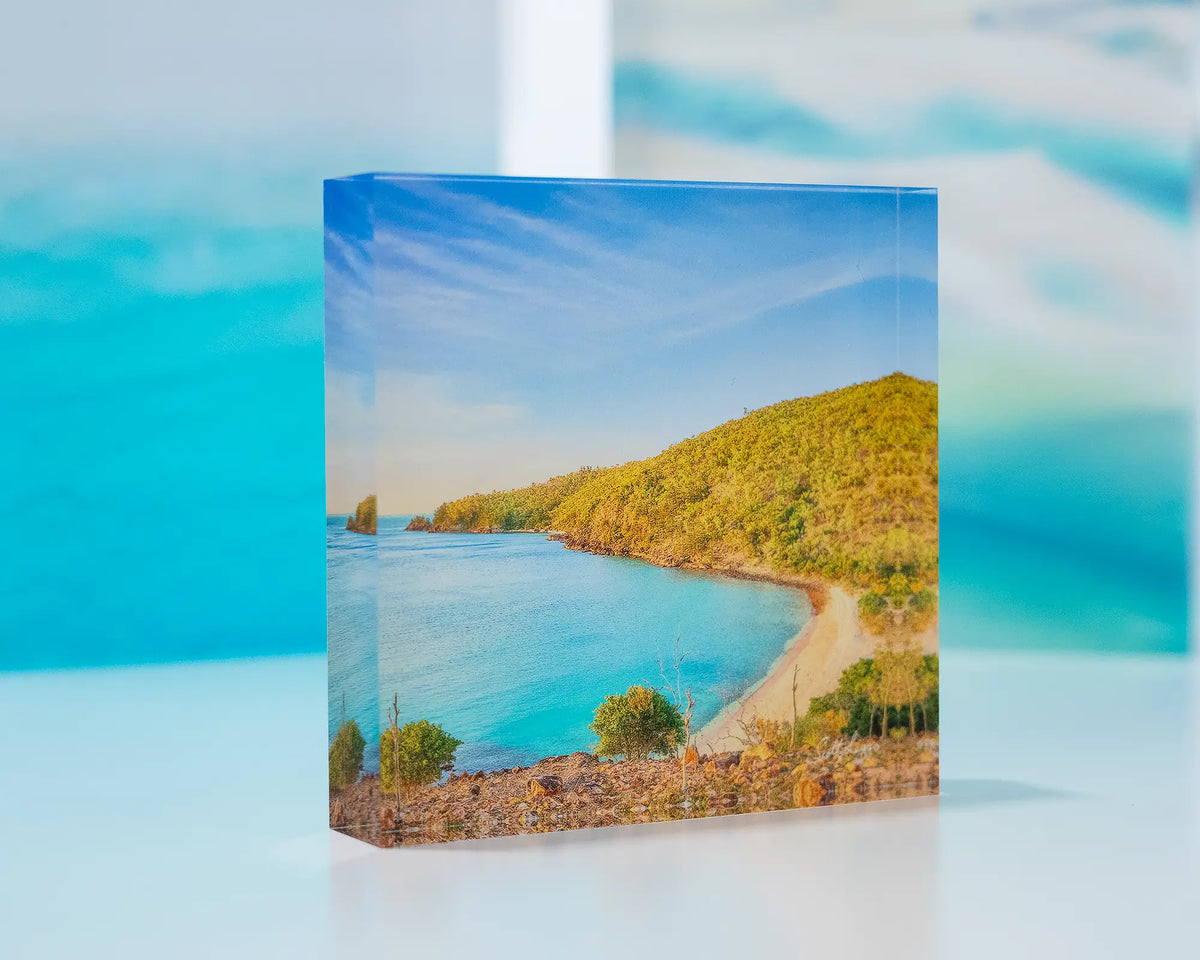 Hayman Harmony. Acrylic block Blue Pearl Bay, Hayman Island, displayed with more Queensland acrylic blocks.
