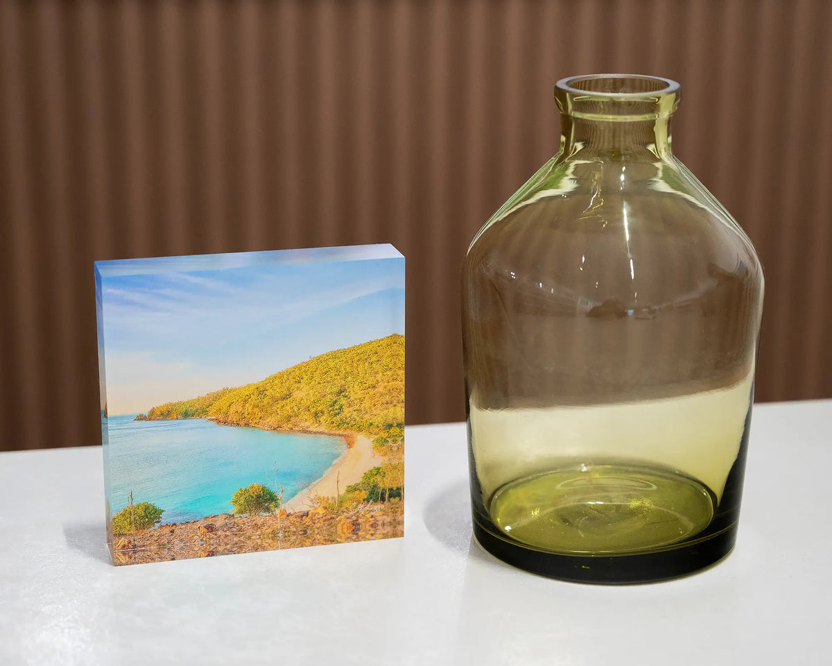 Hayman Harmony. Acrylic block Blue Pearl Bay, Hayman Island, styled with a small vase.