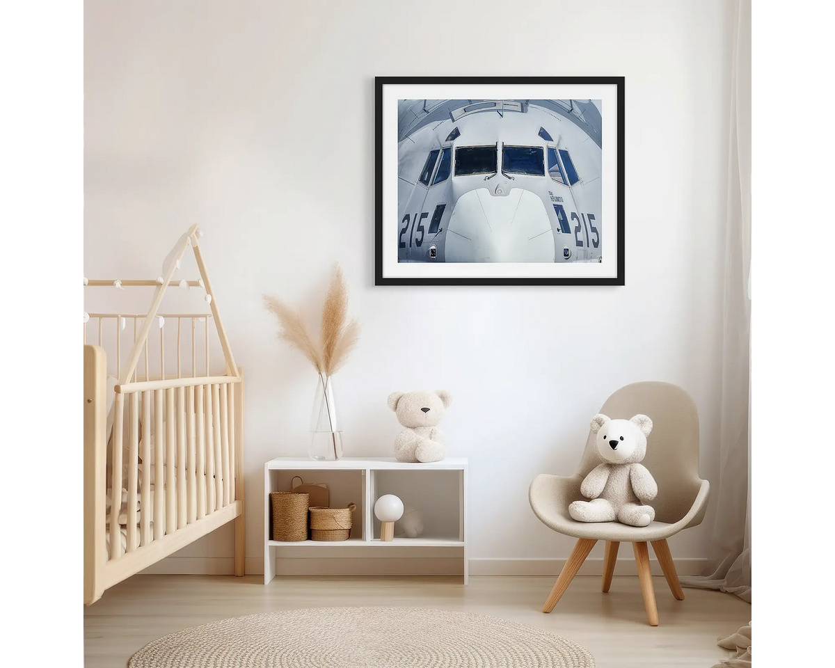 Head On. Aviation photographic wall art print with a black frame, hung in a scandi kids bedroom. 