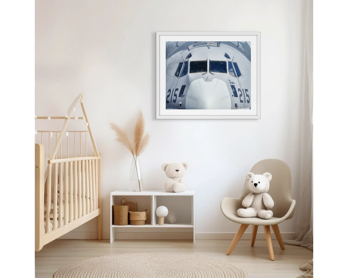 Head On. Aviation photographic wall art print with a white frame, hung in a scandi kids bedroom. 