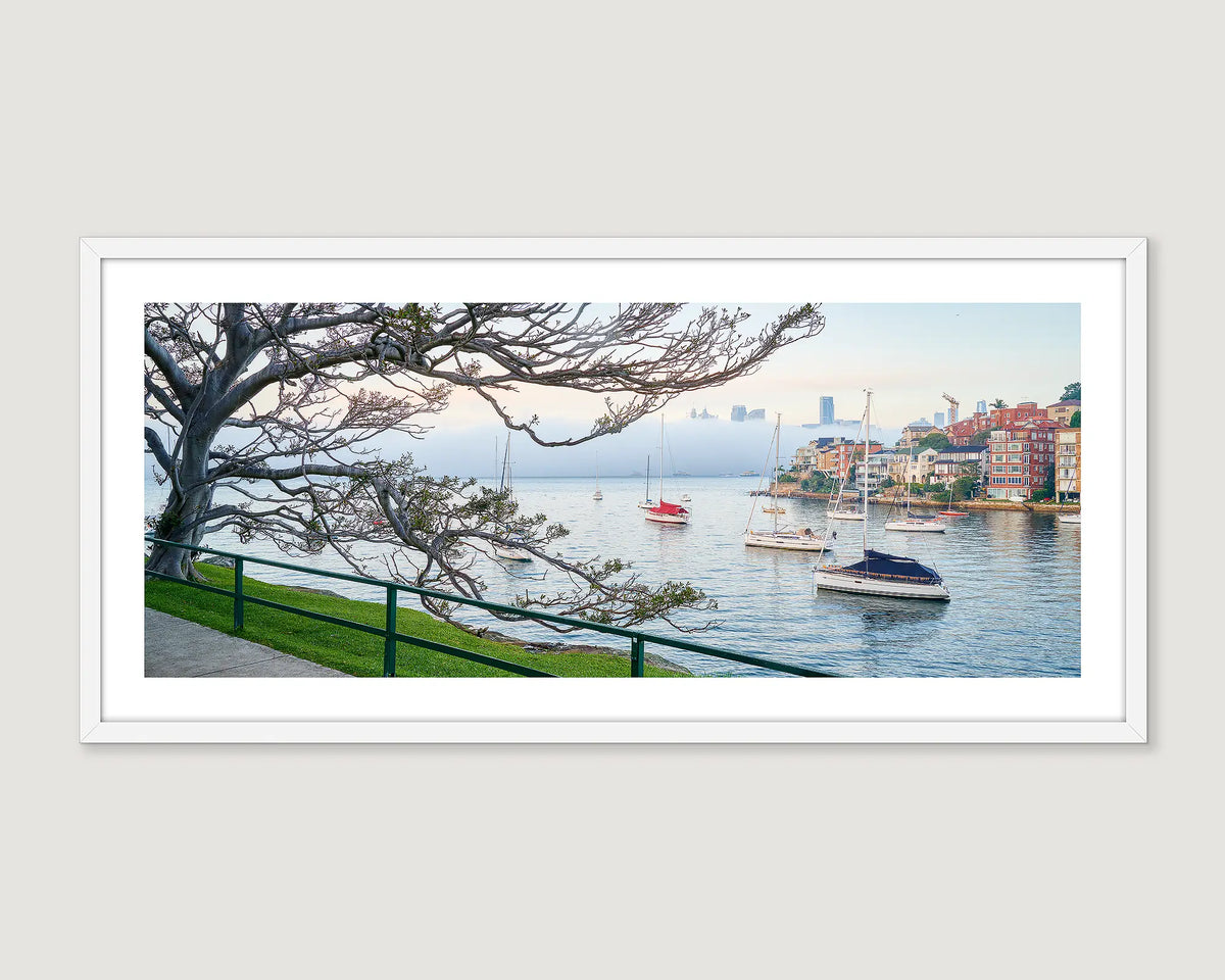 Framed wall art print of a tree and fog obscuring the view of Sydney Harbour Bridge with boats on the water. 