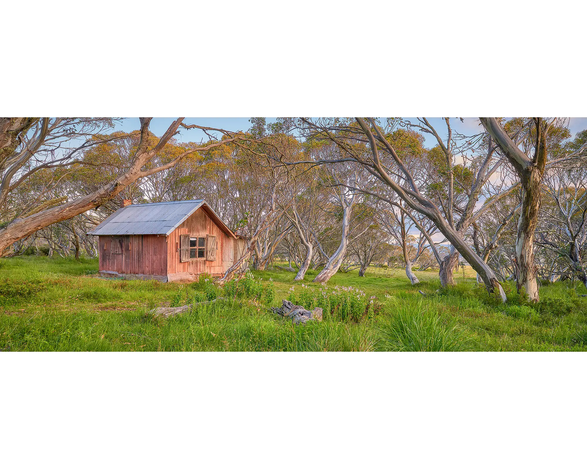 JB Hut at Dinner Plain surrounded by snow gums, Alpine National Park.