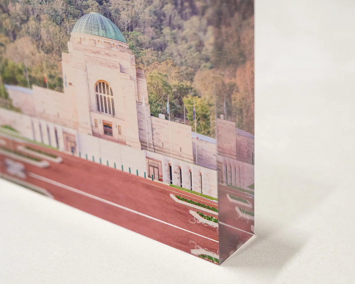 Honouring Their Spirit. Acrylic block of the Australian War Memorial, Canberra, close-up corner details.