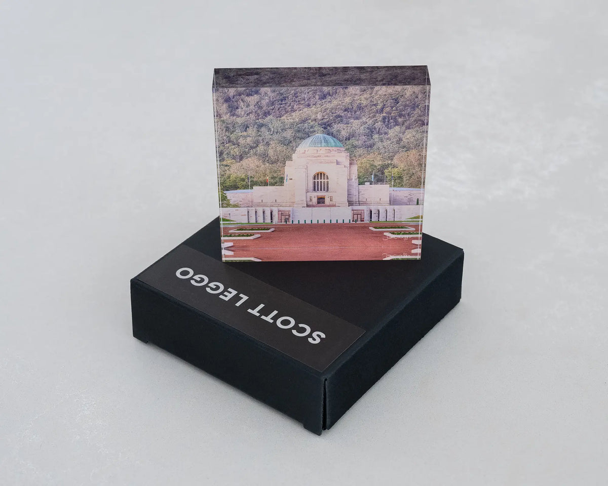 Honouring Their Spirit. Acrylic block of the Australian War Memorial, Canberra, placed on a custom gift box.