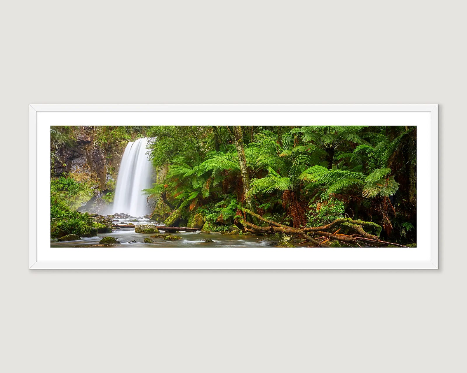 Framed photographic print of a waterfall and rainforest in the Otways. 