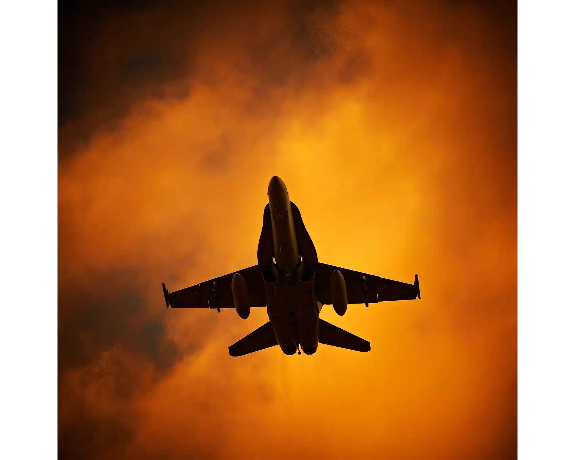 Australian Air Force F-18 Hornet against backdrop of orange clouds at sunset.