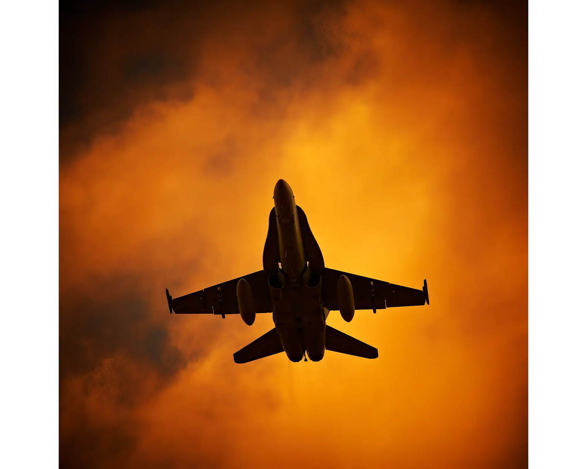 Royal Australian Air Force F/A-18 Hornet flying against a backdrop of orange clouds at sunset. 
