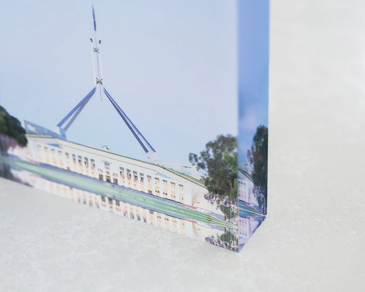 House On The Hill. Acrylic block of Parliament House, Canberra, corner close-up details.